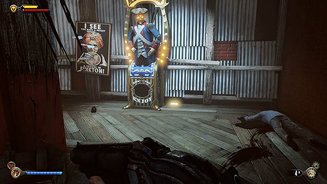 Enter the bar and approach a vending machine located next to a wall - Find Shantytowns police impound - Chapter 21 - Shantytown - BioShock: Infinite - Game Guide and Walkthrough