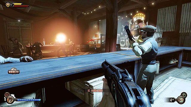 If youre planning on stealing items from crates found behind the bars counter, then you must acknowledge the fact that youre going to be attacked by the bartender and by the guests - Find Shantytowns police impound - Chapter 21 - Shantytown - BioShock: Infinite - Game Guide and Walkthrough