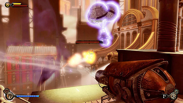 If by some chance you prefer short distance fights, then you should take some time to find Grenade Launchers (on a building in the right side of the square and on a roof of a barge to the left) and Volley Guns (on top of the building to the right) - Destroy the defense turrets - Chapter 21 - Shantytown - BioShock: Infinite - Game Guide and Walkthrough