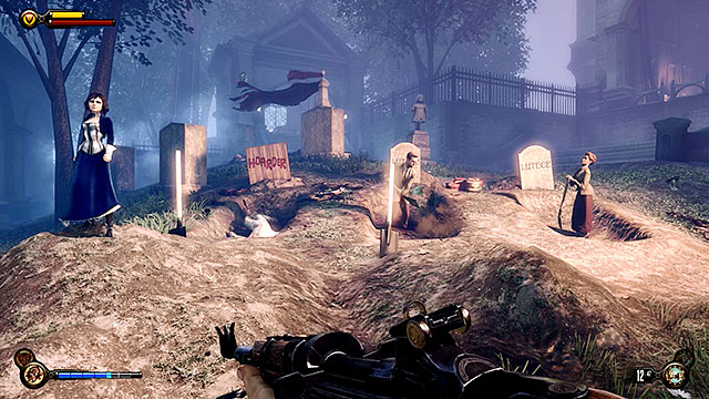 Leave the cemetery after the battle, listening to Lutece siblings along the way - Defeat the ghost of Lady Comstock - Chapter 30 - Downtown Emporia - BioShock: Infinite - Game Guide and Walkthrough