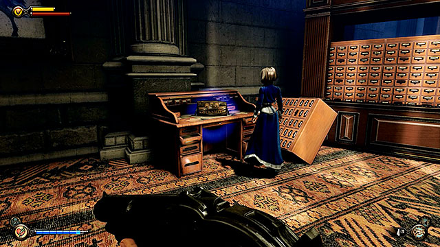 Walk through the corridor leading to the archive room with overturned bookstands - Find the next tear - Chapter 31 - Memorial Gardens - BioShock: Infinite - Game Guide and Walkthrough
