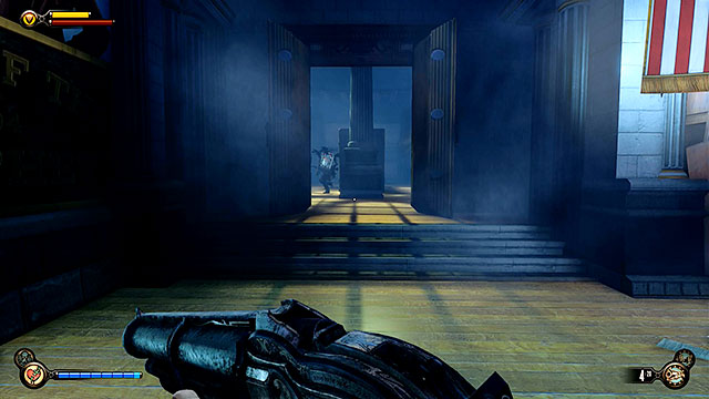 Return to the main hall of the bank and proceed to the right corridor (the one with Lady Comstocks trail) - Find the next tear - Chapter 31 - Memorial Gardens - BioShock: Infinite - Game Guide and Walkthrough