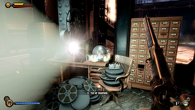 Enter the guards office and locate a projector thats already turned on - Go to wardens office - Chapter 33 - The Atrium - BioShock: Infinite - Game Guide and Walkthrough