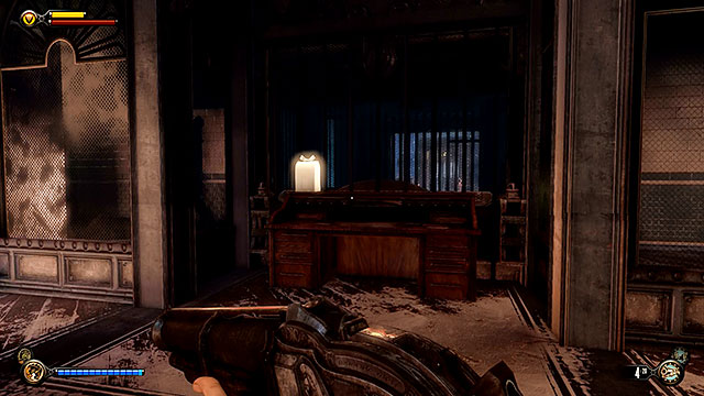 There is a desk opposite the stairs leading to the next floor and you should check it to uncover Gear #36 - Go to wardens office - Chapter 33 - The Atrium - BioShock: Infinite - Game Guide and Walkthrough