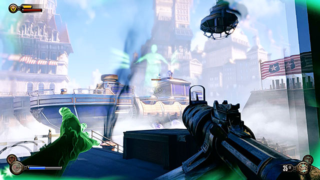 A police barge with a mounted turret is hovering near your roof - Go to the Monument Island and find the girl (part 1) - Chapter 4 - Comstock Center Rooftops - BioShock: Infinite - Game Guide and Walkthrough