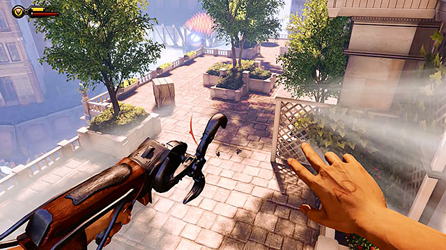 You can use a Sky-hook to travel from the residence balcony to a nearby terrace - Go to the Monument Island and find the girl (part 1) - Chapter 4 - Comstock Center Rooftops - BioShock: Infinite - Game Guide and Walkthrough