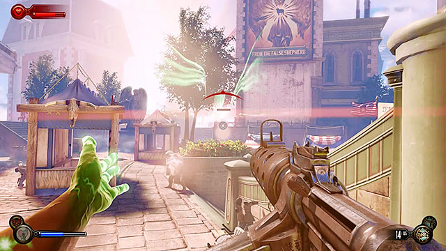 Use the back door to leave the building and expect to be forced to engage a new group of police units - Go to the Monument Island and find the girl (part 1) - Chapter 4 - Comstock Center Rooftops - BioShock: Infinite - Game Guide and Walkthrough