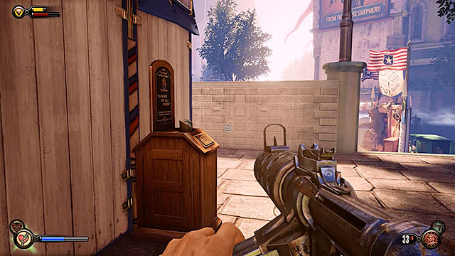 Use the stairs found behind the Dolar Bill machine - Go to the Monument Island and find the girl (part 1) - Chapter 4 - Comstock Center Rooftops - BioShock: Infinite - Game Guide and Walkthrough