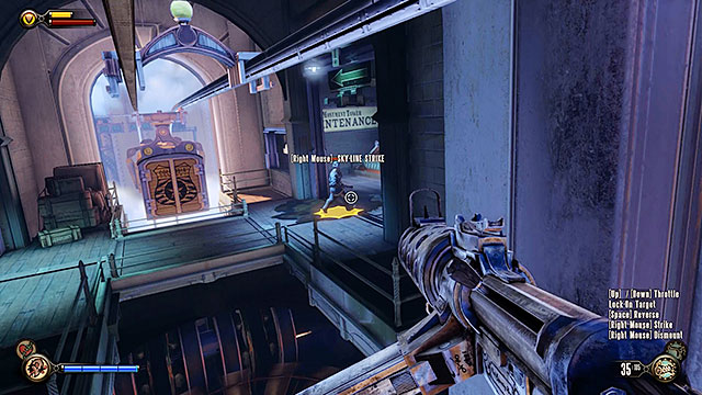 The sky-line at the top of the tower is blocked by gondolas - Use the sky-lines to reach Monument Island - Chapter 5 - Monument Island Gateway - BioShock: Infinite - Game Guide and Walkthrough