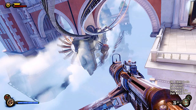 Proceed towards the terrace located on the other side of the apartment and start using the sky-line again in order to reach the next blockade - Use the sky-lines to reach Monument Island - Chapter 5 - Monument Island Gateway - BioShock: Infinite - Game Guide and Walkthrough