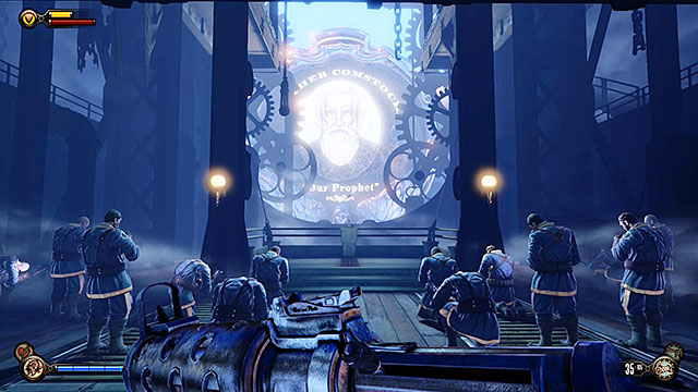 Before youll end your trip using the sky-line youll notice that all policemen have received orders from Prophet and as a result they will enter a state of prayer, ignoring the main character instead of attacking him - Use the sky-lines to reach Monument Island - Chapter 5 - Monument Island Gateway - BioShock: Infinite - Game Guide and Walkthrough
