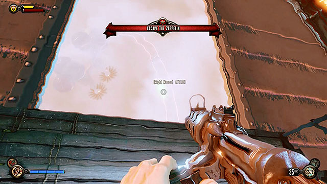 Immediately proceed towards the back of the zeppelin and leave it by jumping through a hole in the cargo bay - Board Prophet Comstocks zeppelin - Chapter 5 - Monument Island Gateway - BioShock: Infinite - Game Guide and Walkthrough