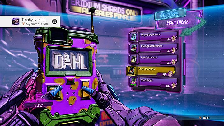 After talking with Crazy Earl, a menu appears to buy cosmetic items from him - List of trophies/achievements in Borderlands 3 - Trophy/Achievement guide - Borderlands 3 Guide