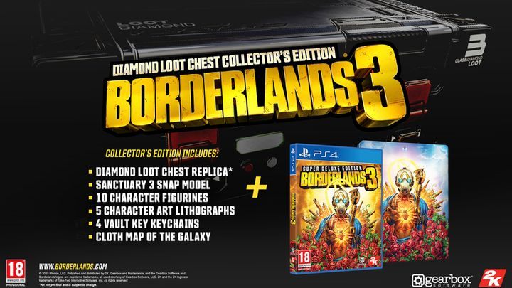 In addition to the standard version, Borderlands 3will also offer a collectors edition which includes: the full version of the game, steelbook, season pass, a set of gold skins for weapons, additional digital content, a replica of Diamond Loot Chest, 10 character figurines, 5 lithographs of game he - Borderlands 3 Guide