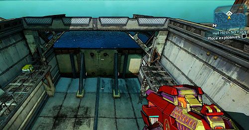Head below and place the explosive on the dam (you need to jump and quickly press Use) - Hell Hath No Fury | Sanctuary part 3 side missions in Borderlands 2 - Sanctuary part 3 - Borderlands 2 Game Guide