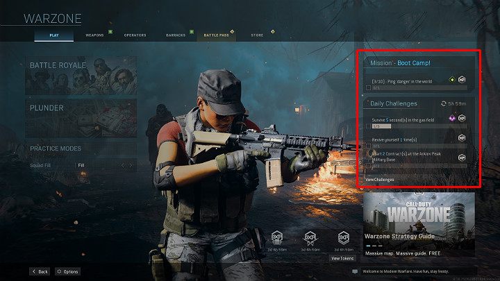 The current main mission and three available daily tasks are visible in the main menu on the right - Warzone: How to quickly earn experience and level up? - Basics - Warzone Guide