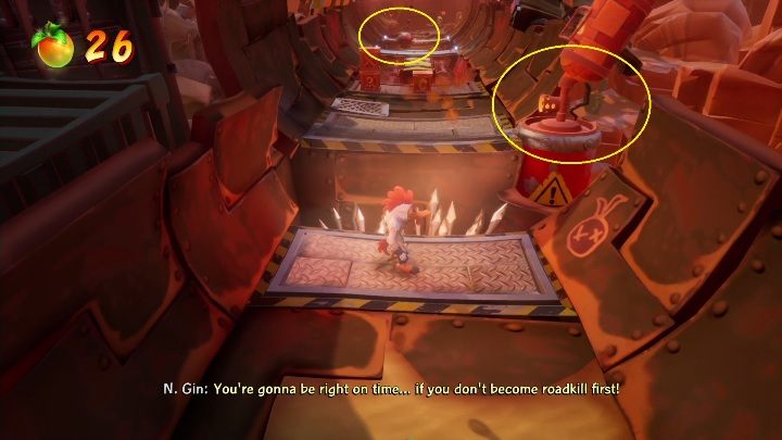 Going forward, you'll encounter flame cannons and metal balls - Crash 4: Hit The Road walkthrough - The Hazardous Wasted, 2084 - Crash 4 Guide, Walkthrough