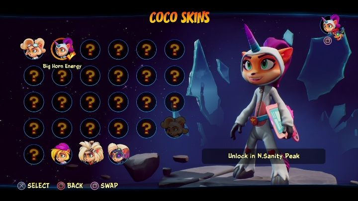 Durch das Abschließen einzelner Karten können Sie spezielle Outfits für Ihre Charaktere freischalten – Crash 4: Coco – Level, Fertigkeiten – Charaktere – Crash 4-Leitfaden, Komplettlösung