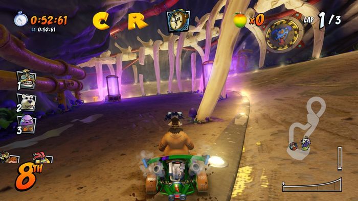 The letter R is located at the beginning of the route at the first turtles - CTR Mode - Crash Team Racing in Crash Team Racing Nitro-Fueled - Game modes - Crash Team Racing Nitro-Fueled Guide