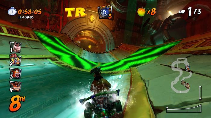 The letter C is located on the tire at the beginning of the route, to jump in this place you need to have an afterburner or use the Powerslide - CTR Mode - Crash Team Racing in Crash Team Racing Nitro-Fueled - Game modes - Crash Team Racing Nitro-Fueled Guide