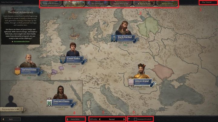 The six main gameplay scenarios are listed at the top of the screen (2) - Crusader Kings 3: Starting your first playthrough - Basics - Crusader Kings 3 game guide
