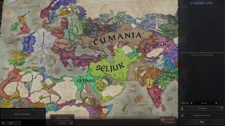 The free character selection screen in 1066. - Crusader Kings 3: Starting your first playthrough - Basics - Crusader Kings 3 game guide