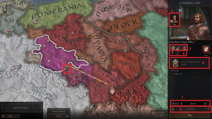 By clicking on one of the smaller coats of arms (1), you can view the division of the country into administrative units - Crusader Kings 3: Starting your first playthrough - Basics - Crusader Kings 3 game guide