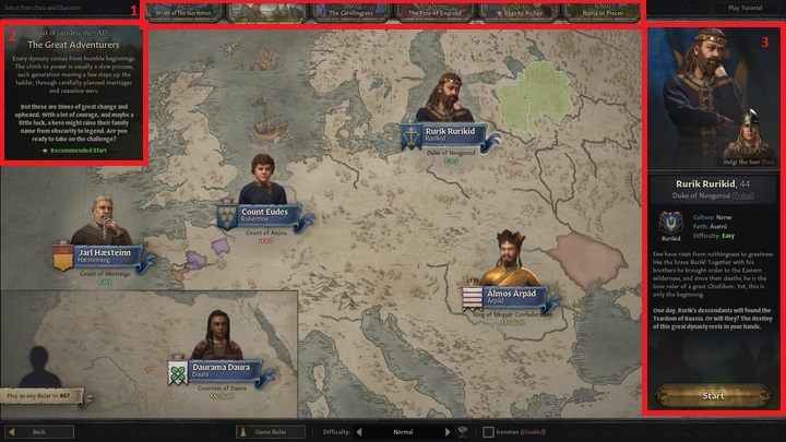 After entering the main character selection window, at the top of the screen you will notice six tabs (1) - Crusader Kings 3: Ruler selection - Basics - Crusader Kings 3 game guide