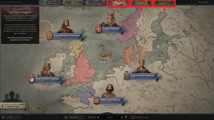 Moving on to the year 1066, you can finally decide the fate of the British Isles in The Fate of England (1) scenario - Crusader Kings 3: Ruler selection - Basics - Crusader Kings 3 game guide