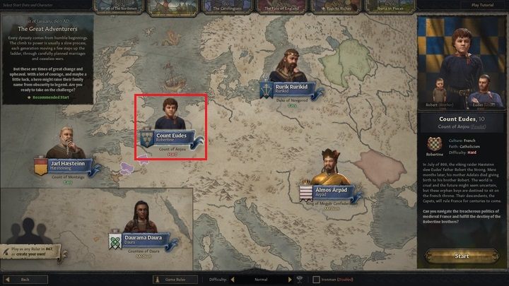 For example, if you choose to play as Count Eudes, you will start the game in central France and you will be the subject of the then king - Crusader Kings 3: Ruler selection - Basics - Crusader Kings 3 game guide