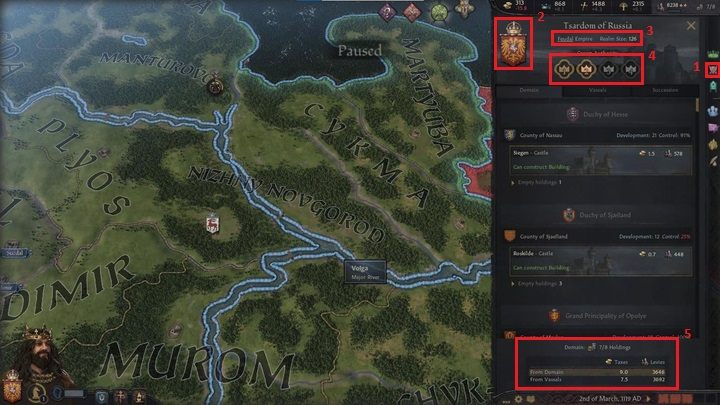 In the kingdom management window (1) you will be able to check your current main title (2), your government's type and the size of your country (3) - Crusader Kings 3: Interface Guide - Basics - Crusader Kings 3 Guide