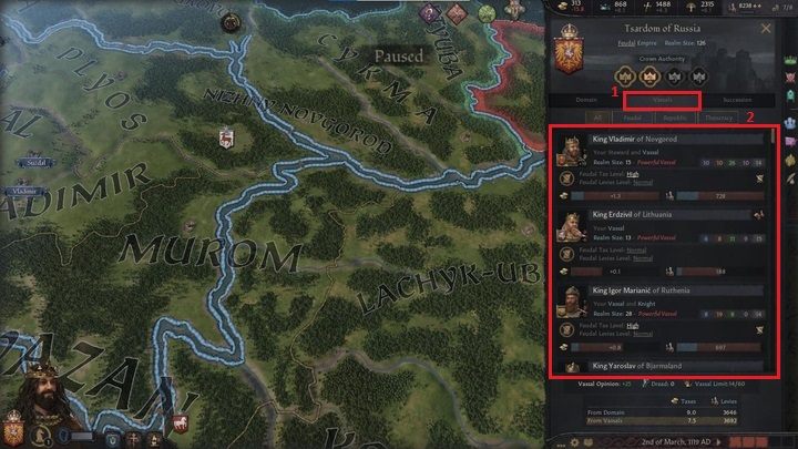 The second tab (1) contains a list of your direct vassals - Crusader Kings 3: Interface Guide - Basics - Crusader Kings 3 Guide
