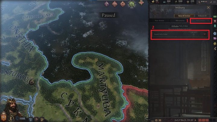 The last tab (1) is dedicated to the military orders specific to your faith - Crusader Kings 3: Interface Guide - Basics - Crusader Kings 3 Guide
