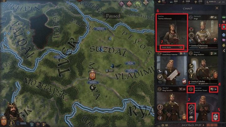 The third window (1) is used to manage the council - Crusader Kings 3: Interface Guide - Basics - Crusader Kings 3 Guide