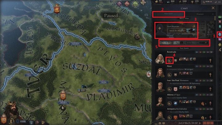 The next, fourth icon (1) opens the court management menu - Crusader Kings 3: Interface Guide - Basics - Crusader Kings 3 Guide