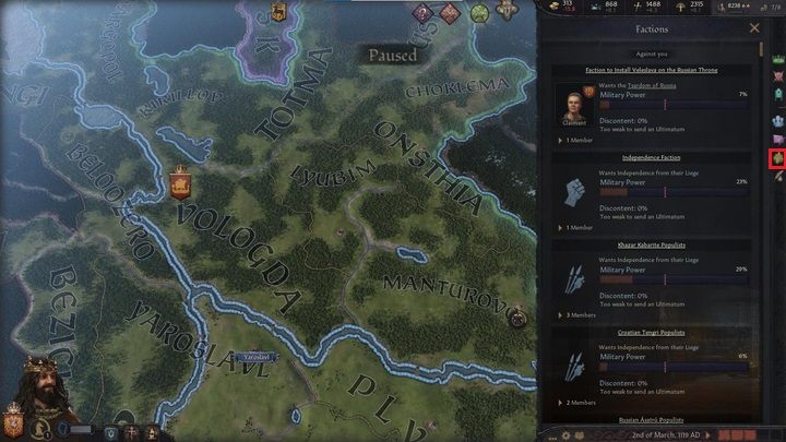 The second to last icon (1) opens the faction window - Crusader Kings 3: Interface Guide - Basics - Crusader Kings 3 Guide