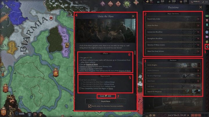 The final icon (1) opens the decision window - Crusader Kings 3: Interface Guide - Basics - Crusader Kings 3 Guide