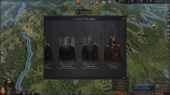 The last button gives you the option to search for a title or character, center your screen on your capital, and open a window containing a list of all the characters you played in this game - Crusader Kings 3: Interface Guide - Basics - Crusader Kings 3 Guide