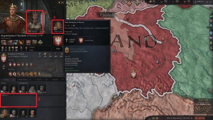 You already have a spouse (1), but you do not have children (2), so your current rightful heir is your brother (3) - Duke Wladyslaw of Kujawy - Crusader Kings 3: First steps - Basics - Crusader Kings 3 Guide