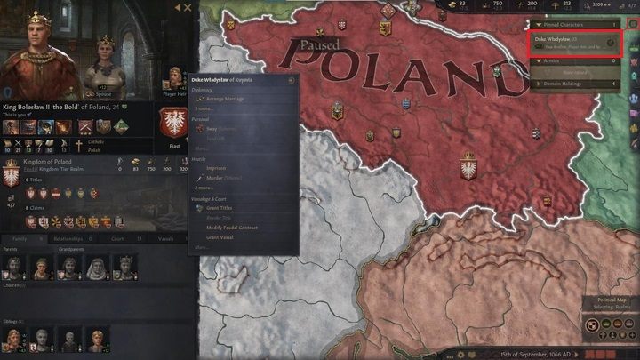 From now on, your brother and heir will be visible in the Outliner in the upper right corner of the screen, and you'll also receive a notification in case he dies - Crusader Kings 3: First steps - Basics - Crusader Kings 3 Guide