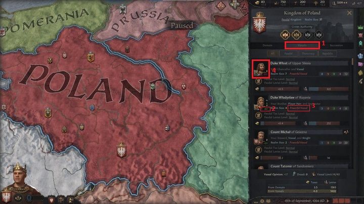 Now let's check the Vassals tab (1) to take a look at your direct vassals - Crusader Kings 3: First steps - Basics - Crusader Kings 3 Guide