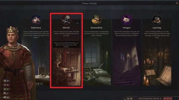 There are 5 development paths to choose from. You should always make your decision based on the character stats, so the military path is the best fit for Boleslaw. - Crusader Kings 3: First steps - Basics - Crusader Kings 3 Guide