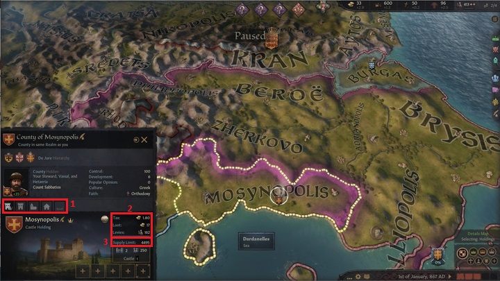 In the central part of the County window (1), you can find a list of the baronies belonging to it - Crusader Kings 3: Titles - Kingdom management - Crusader Kings 3 Guide