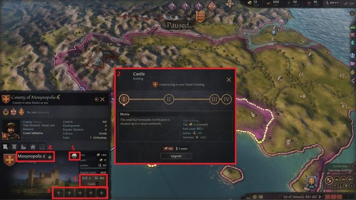 Below the statistics mentioned above, you will find a button (1) which you can use to increase the level of the selected barony - Crusader Kings 3: Titles - Kingdom management - Crusader Kings 3 Guide