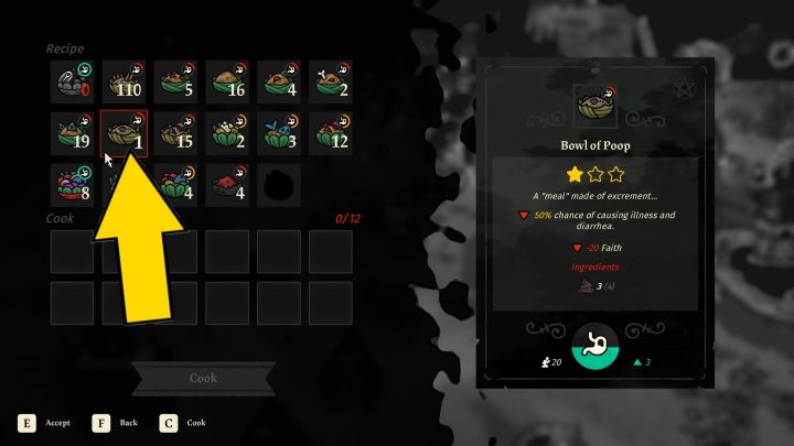 Visit the kitchen in your campsite and cook 6 Bowl of Poop - Cult of the Lamb: Follower Forms - all animals - Basics - Cult of the Lamb Guide