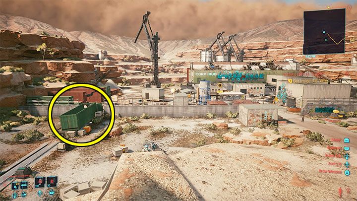 If you are planning to sneak in, it is a good idea to sneak into the large green container on the left, marked in the picture - Cyberpunk 2077: Riders on the Storm - walkthrough - Storyline quests - Cyberpunk 2077 Guide