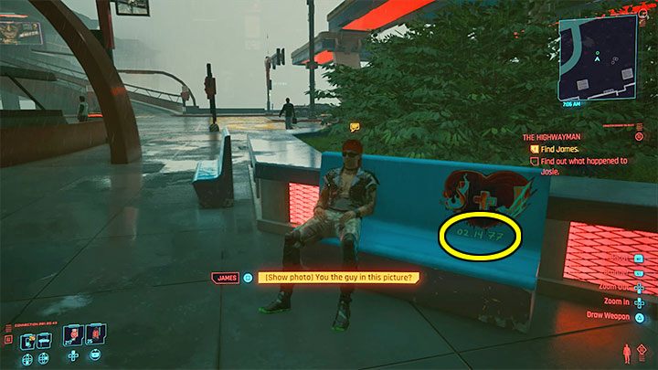 James will be sitting on one of the benches - Cyberpunk 2077: The Highwayman walkthrough - Exploration - Cyberpunk 2077 Guide