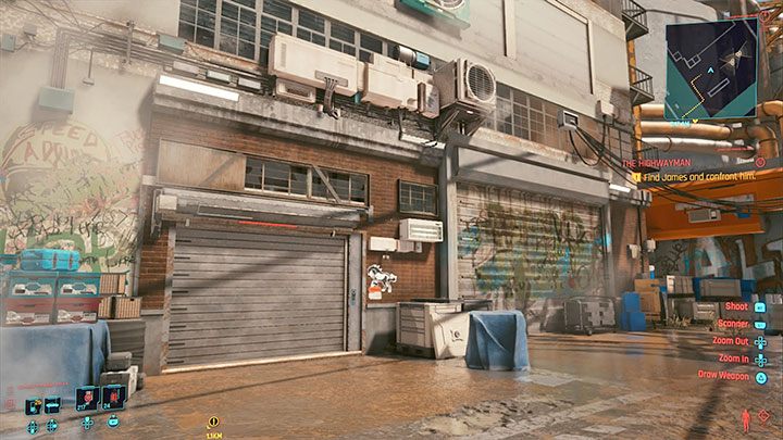 Here you will find a closed garage shown in the picture - Cyberpunk 2077: The Highwayman walkthrough - Exploration - Cyberpunk 2077 Guide