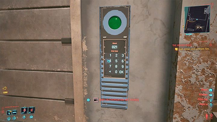 Interact with the keypad to the right of the garage door - Cyberpunk 2077: The Highwayman walkthrough - Exploration - Cyberpunk 2077 Guide
