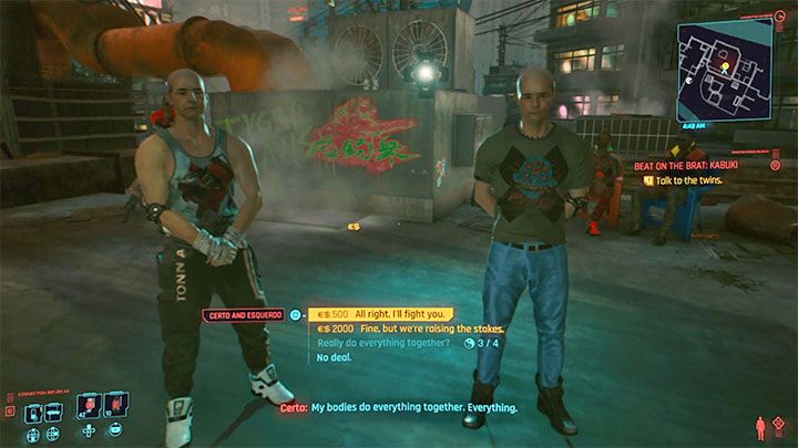 Talk to Certo and Esquerdo to find out that you have to fight both of them at the same time, so basically it will be a two-on-one fight - Cyberpunk 2077: Beat on the Brat - walkthrough - Exploration - Cyberpunk 2077 Guide